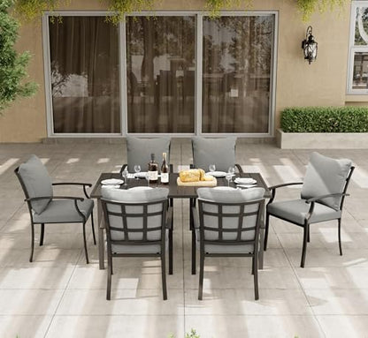 HAPPATIO 7-Piece Patio Dining Set, Outdoor Dining Set with Powder-Coated Metal,Dining Table with Umbrella Hole, 6 Stackable Chairs with Removable Cushions for Porch Poolside Garden,Grey