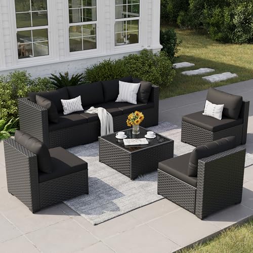 VONZOY Patio Furniture Set, 7-Piece Outdoor Wicker Sectional Sofa, Black