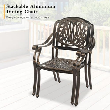 VINGLI 5 Pieces Outdoor Patio Dining Set, Cast Aluminium Patio Furniture Set with 4 Chairs and 1 Umbrella Table for Yard, Garden, Porch and Poolside, Bronze