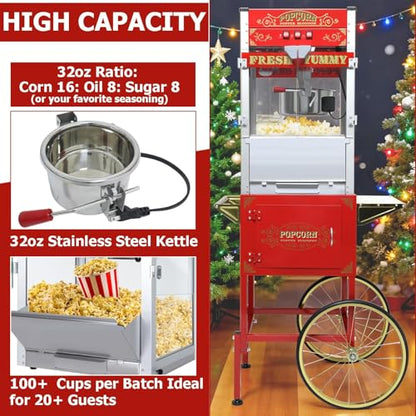 Commercial Popcorn Machine 32OZ with Cart - Stainless Steel Kettle Popper with Wheels, Warming Deck & Tempered Glass, for Business, School, Corporate, Institutional, Theater, Home Use, Red