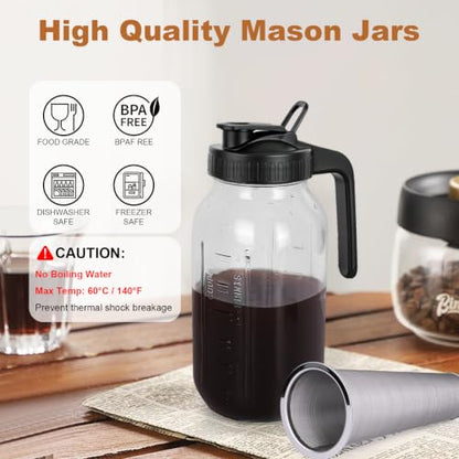 Cold Brew Coffee Maker,64 oz Mason Jar Pitcher with Stainless Steel Filter, Pour Spout Handle Lid, Heavy Duty Glass Airtight & Leak-Proof for Iced Coffee,Tea & Lemonade