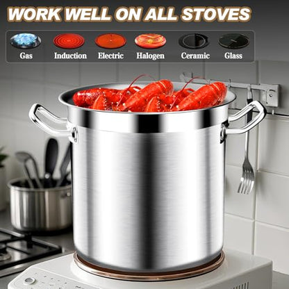 20Qt Brushed Stainless Steel Stock Pot With Lid - Large Stock Pot - Heavy Duty Induction Commercial Grade Stockpots for Soup, Stew, Oven, Gas, Ceramic, and Dishwasher Safe