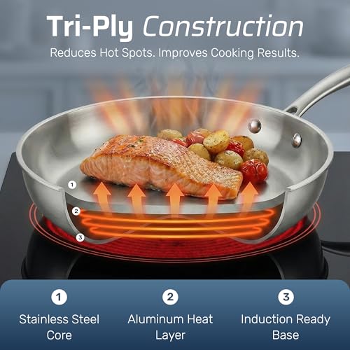 Gotham Steel 10 Pcs Tri Ply Stainless Steel Cookware Set, Pots and Pans Set with Induction Bottom, Made Without PTFE PFOA PFOS, Metal Utensil Safe, Oven and Dishwasher Safe