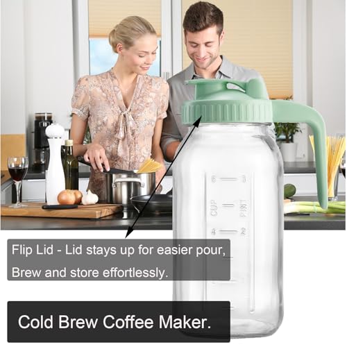 Fermus Set of 2 Cold Brew Coffee Maker, 64oz / 2Quart Glass Pitcher with Stainless Steel Filter and Pour Spout Handle Lid, Mason Jar for Making Cold Coffee, Fruit Drinks, Sun Tea (2)