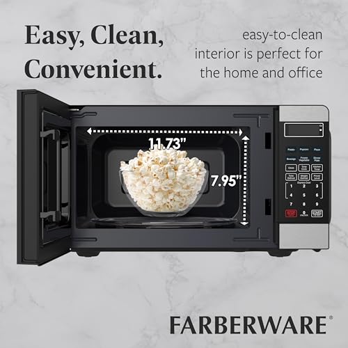 Farberware 0.7 Cu. Ft. Countertop Microwave Oven – 700 Watts Power, Auto Cook Settings, Defrost, Easy Clean and Child Safety Lock - Stainless and Black