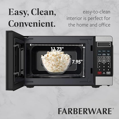 Farberware 0.7 Cu. Ft. Countertop Microwave Oven – 700 Watts Power, Auto Cook Settings, Defrost, Easy Clean and Child Safety Lock - Stainless and Black