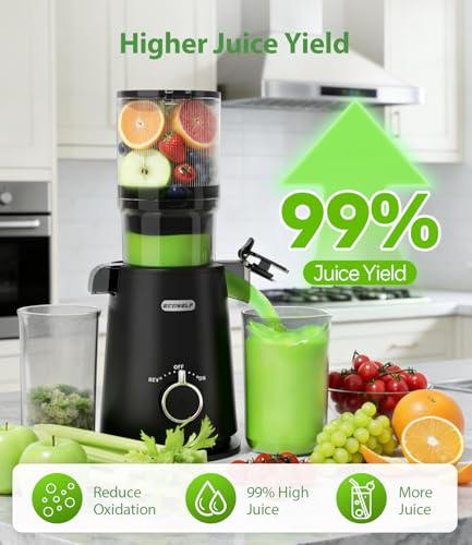 ECOSELF Cold Press Juicer - Wide Mouth Hopper for Fruits & Vegetables & Leafy Greens - Juicer Machines with Self Feeding - Hands-Free Design - Juice Extractor Machine Easy to Clean With Brush