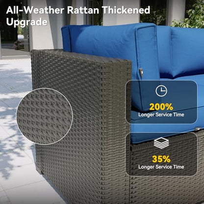Aoxun Patio Furniture Set, 7 Piece Outdoor Sectional Sofas with Think Cushions, Wicker Rattan Outdoor Furniture Patio Conversation Set for Backyard, Garden Navy Blue