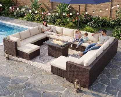BULEXYARD 15 Piece Large Patio Furniture Set with Fire Pit, Brown & Beige