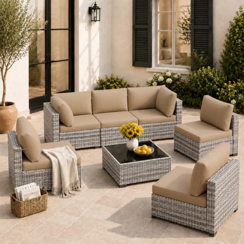 LOUVIXA 7 Piece Outdoor Patio Furniture Set, Outdoor Sectional Sofa, Wicker Rattan Patio Furniture, Patio Conversation Set with Coffee Table & Cushions