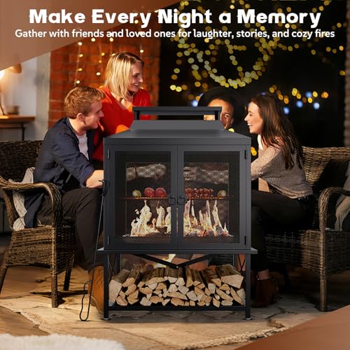 Large Outdoor Chiminea Fire Pit with Grill, Outdoor Fireplace, Outdoor Wood Burning Fireplace with Chimney, 360° Mesh Spark Screen Door, Fire Poker and Log Storage Rack for Patio Backyard