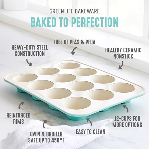GreenLife 12-Cup Muffin Pan, PFAS-Free Healthy Nonstick Baking Tray, 11.4" x 1.9" x 15.9", Durable Ceramic Bakeware, Cupcakes, Egg Bites, Tarts, Brownies, Turquoise