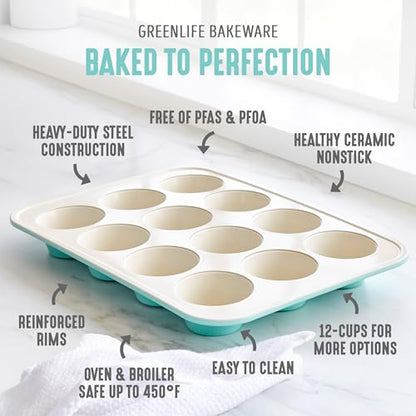GreenLife 12-Cup Muffin Pan, PFAS-Free Healthy Nonstick Baking Tray, 11.4" x 1.9" x 15.9", Durable Ceramic Bakeware, Cupcakes, Egg Bites, Tarts, Brownies, Turquoise