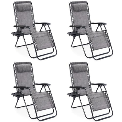 Sweetcrispy Zero Gravity Chairs, Set of 4 Portable Recliner Beach Camping Patio Outdoor Folding Lounge Chair with Cup Holder Trays and Adjustable Pillow for Poolside, Garden, Backyard, Lawn (Grey)