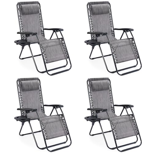 Sweetcrispy Zero Gravity Chairs, Set of 4 Portable Recliner Beach Camping Patio Outdoor Folding Lounge Chair with Cup Holder Trays and Adjustable Pillow for Poolside, Garden, Backyard, Lawn (Grey)