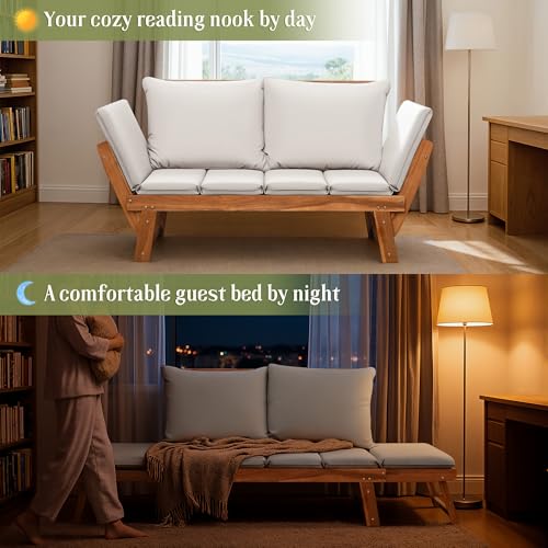 Flamaker Outdoor Couch with Adjustable Armrests, Acacia Wood Patio Loveseat with Soft Cushions, Convertible Patio Furniture for Balcony, Porch, Backyard (White)