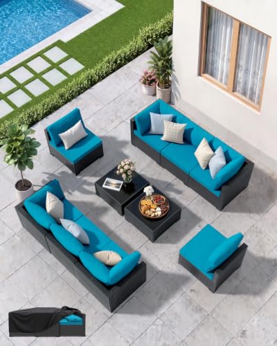 LAWNOOK Patio Furniture Set - All-Weather - 10 Piece Patio Outdoor Conversation Set, Modular Wicker Rattan Sectional Sofa for Backyard, Garden, Poolside, Balcony, Porch, Patio, Black/Peacock Blue