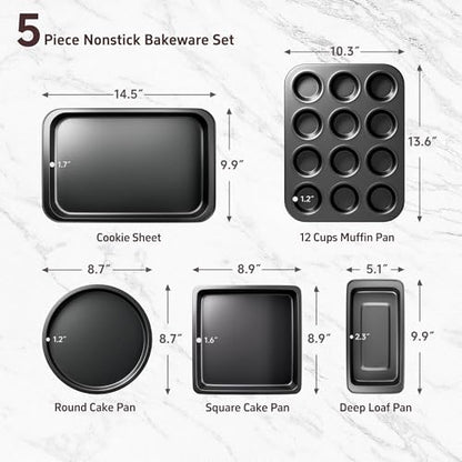 CasaCulina Baking Pans Set, 5-Piece Nonstick Bakeware Sets with Round/Square Cake Pan, Muffin Loaf Roast Pan, Baking Sheets for Oven, Kitchen Cookware Sets Baking Tray Baking Supplies, Black