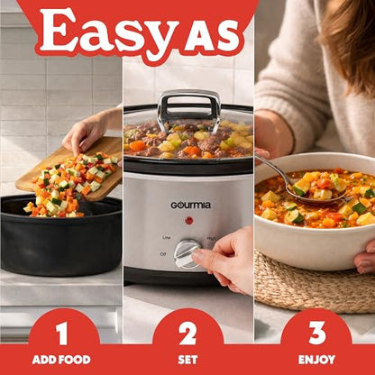 Gourmia Slow Cooker - 7 Quart Removable Ceramic Pot, Manual Controls with 3 Temperature Settings, Dishwasher Safe Crock and Glass Lid, Stainless Steel