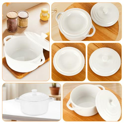 ZUQIAN Mini Cocotte Set of 4, 14 Oz Small Casserole Dishes with Lids And Handles, Ceramic Small Dutch Oven Pot With Lid, White Individual Baking Ramekins For Baking, Baked Desserts, Oven