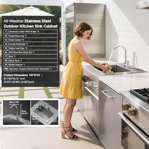 BODEGA Stainless Steel Single bowl kitchen sink Cabinet With hose hookup and Faucet, Outdoor Kitchen Sink with Storage, Brake Wheels & Spice Rack, All-Weather Sink, Use For RV, Yard,Garage,Restaurant.