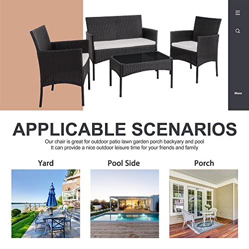 Shintenchi 4 Piece Outdoor Patio Furniture Sets, Small Wicker Patio Conversation Furniture Rattan Chair Set with Tempered Glass Coffee Table for Backyard Porch Garden Poolside Balcony,Black
