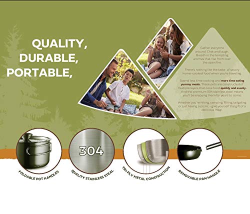 Camping Cookware Set 304 Stainless Steel 8-Piece Pots & Pans Open Fire Cooking Kit | Frying Pan Steamer with Travel Tote Bag | Compact For Outdoors & Indoors Kitchen Campfire Hiking RV