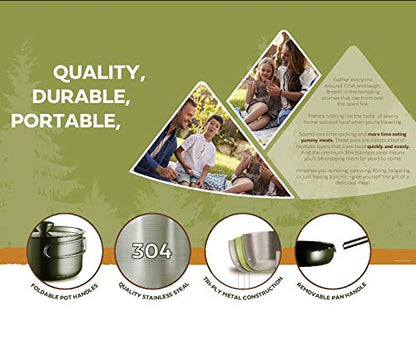 Camping Cookware Set 304 Stainless Steel 8-Piece Pots & Pans Open Fire Cooking Kit | Frying Pan Steamer with Travel Tote Bag | Compact For Outdoors & Indoors Kitchen Campfire Hiking RV