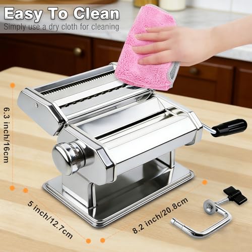 AIMEIKI Manual Pasta Maker Machine, Stainless Steel Pasta Maker with 9 Adjustable Thickness Settings 2 in 1 Noodle Maker with Rollers and Cutter, Perfect for Spaghetti, Fettuccini, Lasagna & More