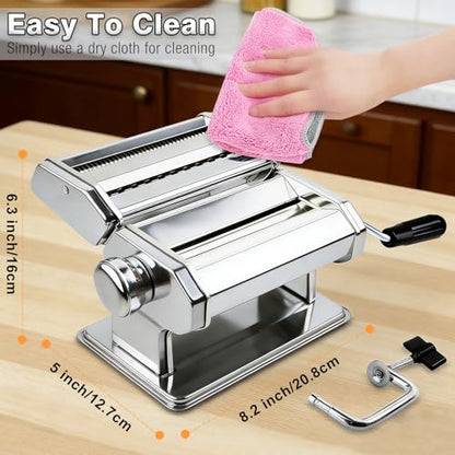AIMEIKI Manual Pasta Maker Machine, Stainless Steel Pasta Maker with 9 Adjustable Thickness Settings 2 in 1 Noodle Maker with Rollers and Cutter, Perfect for Spaghetti, Fettuccini, Lasagna & More