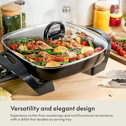 bella Electric Skillet and Frying Pan with Glass Lid, Nonstick Coating, Cool Touch Handles, Removable Heating Probe, Dishwasher Safe, 12 x 12 inch, Copper