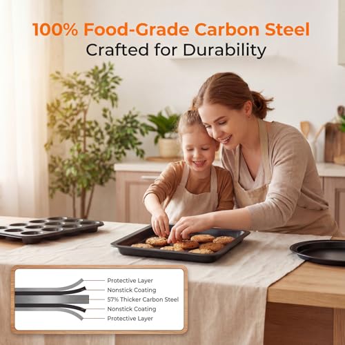 Baking Set, Nonstick Bakeware Sets,6 Pieces Baking Pans Set Including Roasting Pan Cookie Sheet Cake Pan Loaf Pan Muffin Pan, Oven & Dishwasher Safe Carbon Steel