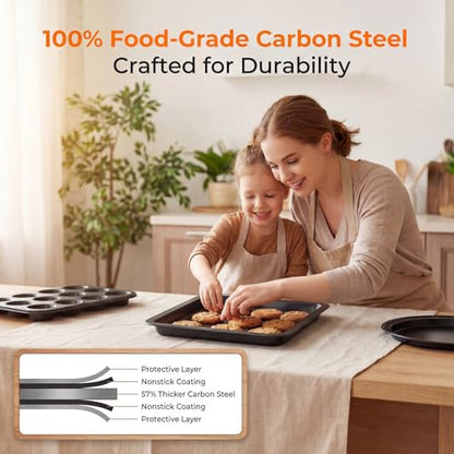 Baking Set, Nonstick Bakeware Sets,6 Pieces Baking Pans Set Including Roasting Pan Cookie Sheet Cake Pan Loaf Pan Muffin Pan, Oven & Dishwasher Safe Carbon Steel