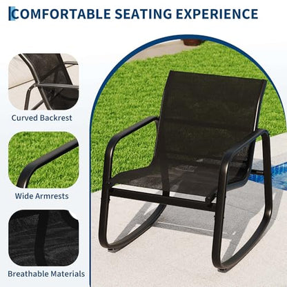 Garvee 3 Piece Outdoor Rocking Bistro Set, Textilene Fabric Small Patio Furniture Set with Iron Armrests and Coffee Table for Lawn, Porch, Balcony, Poolside