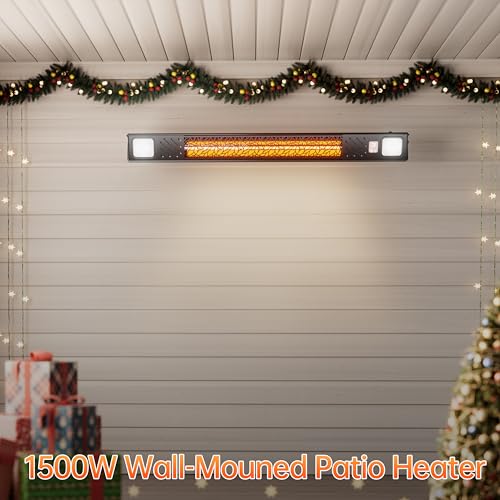 Wall-Mounted Electric Heater Hanging Patio with Light Ceiling Outdoor, 1500W Infrared 9 Heat Levels, 24H Timers, 1s Heating Carbon Fiber Tube Wall Heater for Backyard, Garage