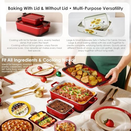 ACMLIFE Ceramic Casserole Dishes with Lids, Baking Dish for Oven with Lid, Stoneware Rectangular Dish 4 Pcs Set, Red 2-in-1 Bakeware Set (13"x8"+8"x6"), Large 3.06 Qt & Small 0.95 Qt Ceramic Bakeware, Casserole Dishes for Oven Baking Pan with Handles, Ide