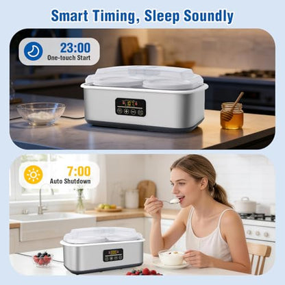 Yogurt Maker with Adjustable Time and Temp Control, Yogurt Maker Machine with Automatic Shut-Off & Constant Temper for Homemade Probiotic, Greek Yogurt, BPA-Free 2 Bowls 2 Quart (Grey)