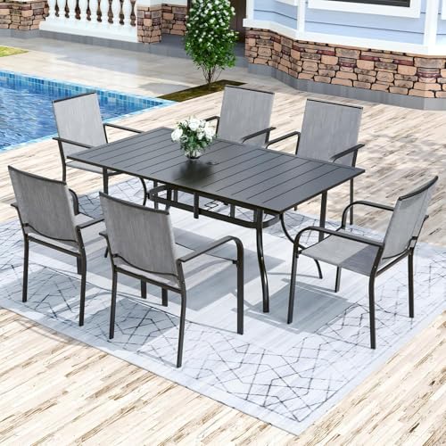 Anmutig 7-Piece Outdoor Dining Set, 63" Patio Table, Stackable Chairs Gray