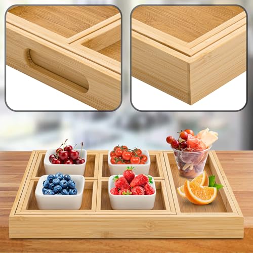 Wood Serving Trays with Handles, Set of 7 Rectangular Platters, Nesting Bamboo Tray for Breakfast in Bed, Entertaining, Couch, Party, Breakfast, Coffee Table, Home Decor