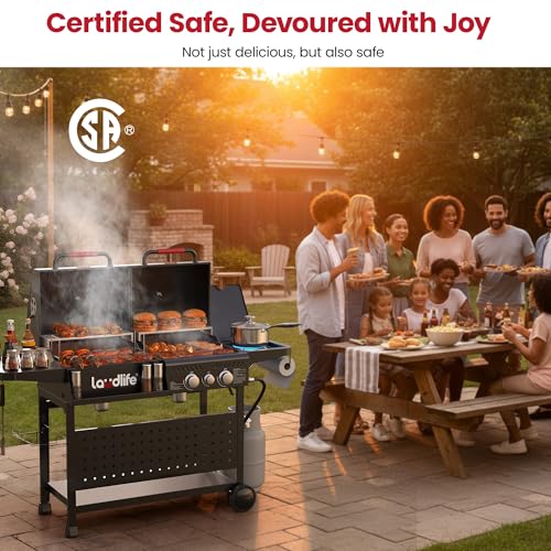 LAUDLIFE Gas and Charcoal Grill Combo with Side Burner, 3 Burners Propane BBQ Grill, 748 SQ.IN Cooking Space, Non-Stick Enamel Coating Grates, Heavy-Duty Stand for Backyard & Outdoor Barbecue