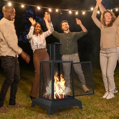 Walsport Chiminea Outdoor Fireplace, 43 Inch Wood Burning Fire Pit with Grill Grate and Spark Screen Cover, Outdoor Fire Pit for Patio, Backyard, Deck Porch and Camping, Black