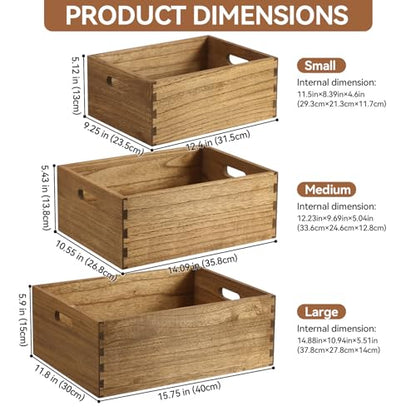 KIRIGEN Nesting Wooden Crates with Portable Handles for Home Organizer - Wood Rustic Decor Farmhouse Boxes / Basket Rolling Trays set of 3 Dark Brown