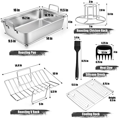 TeamFar Roasting Pan, Large Turkey Roaster Pan Stainless Steel with V Rack & Cooling Rack, Beer Can Chicken Holder & Meat Claws for Shredding & Silicone Brush, Healthy & Dishwasher Safe - 7 Pcs