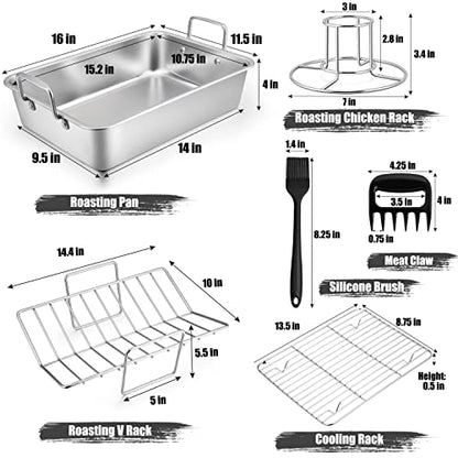 TeamFar Roasting Pan, Large Turkey Roaster Pan Stainless Steel with V Rack & Cooling Rack, Beer Can Chicken Holder & Meat Claws for Shredding & Silicone Brush, Healthy & Dishwasher Safe - 7 Pcs