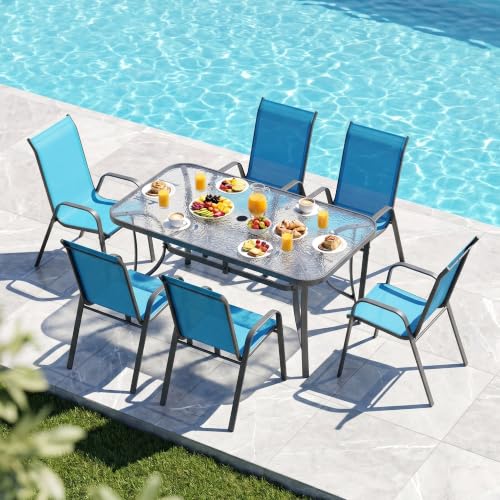 MAMIZO 7 Pieces Patio Dining Set for 6, Glass Table and Textilene Chairs