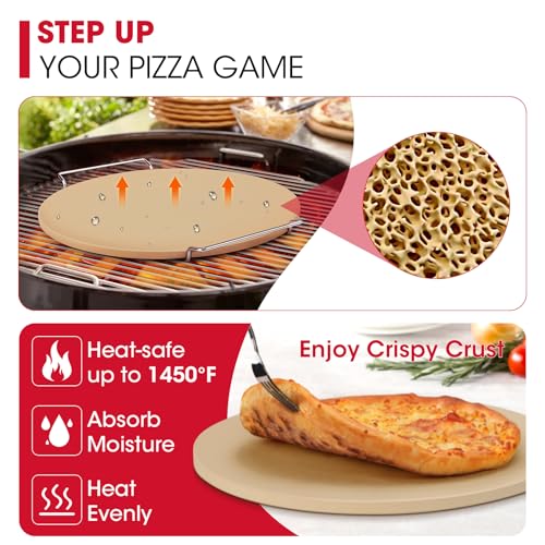 Unicook 12 Inch Round Pizza Stone for Oven and Grill, Cordierite Bread Baking Stone, Baking Crispy Pizzas, Bread and Cookies, Includes Carry Rack and Dough Scraper