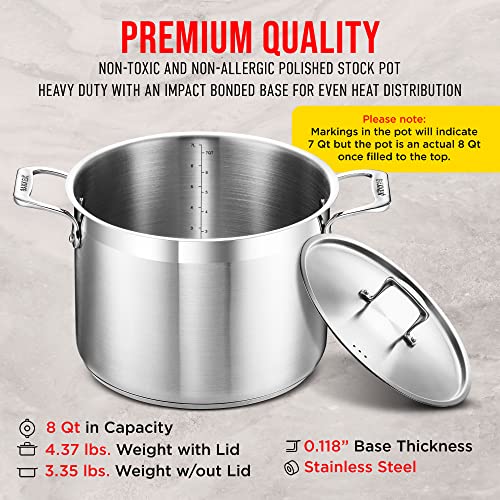 Stainless Steel Stockpot with Lid 8 Quart, Durable 18/8 Stainless Steel, Impact-Bonded Base for Even Heating, Riveted Handles, Oven & All Stove Compatible, Safe Up To 500°F (260°C)