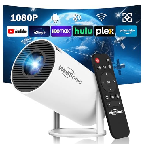 WellSonic Mini Projector Support 1080P, 200 Ansi Outdoor & Home Movie Portable Projector with Wifi6 and 5.0 Bluetooth, Automatic Keystone Correction, 180°Rotatable, Compatible with HDMI USB PC Laptop