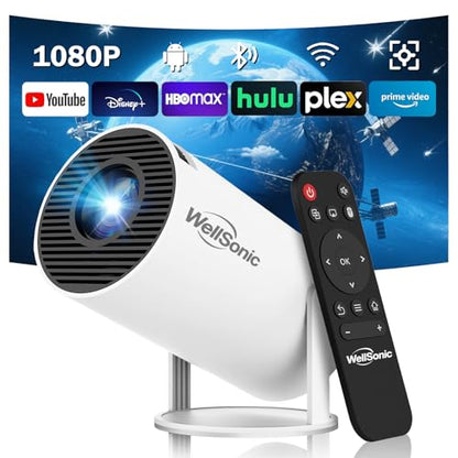 WellSonic Mini Projector Support 1080P, 200 Ansi Outdoor & Home Movie Portable Projector with Wifi6 and 5.0 Bluetooth, Automatic Keystone Correction, 180°Rotatable, Compatible with HDMI USB PC Laptop