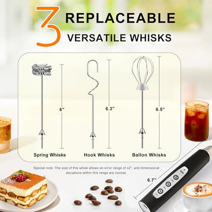 YUSWKO Black Handheld Milk Frother Wand for Coffee, Rechargeable Electric Whisk with 3 Heads 3 Speeds Drink Mixer Coffee Frother For Latte, Cappuccino, Hot Chocolate, Egg